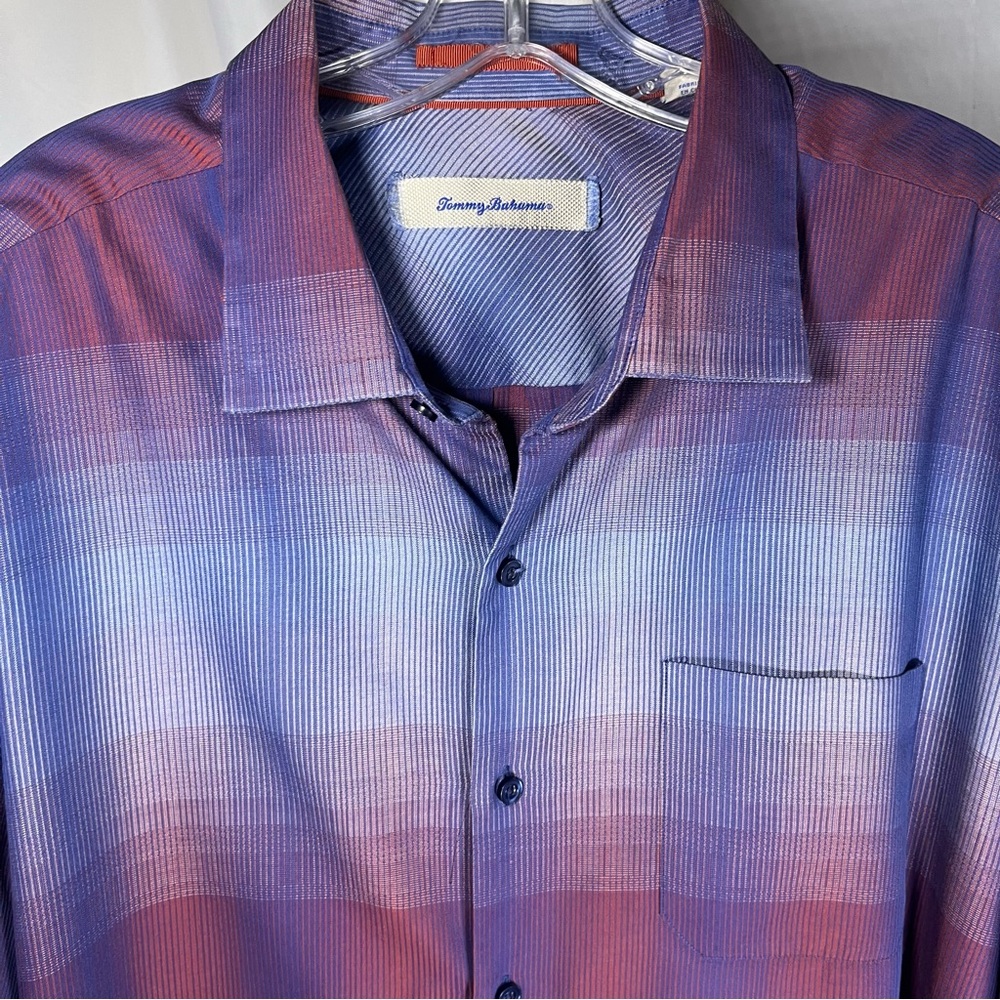 Tommy Bahama Cotton/Silk Blend Plaid Ombre‎ Button Down Shirt Blue & Purple XXL